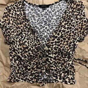 Ambiance Animal Print V-Neck Crop Top with Cinch Tie